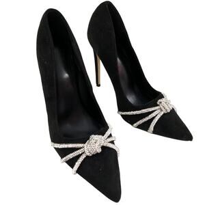 GORGEOUS BLACK MICROFIBER VEGAN SUEDE, SILVER ROPE DETAIL TOE HEELS, PUMPS! SZ 8